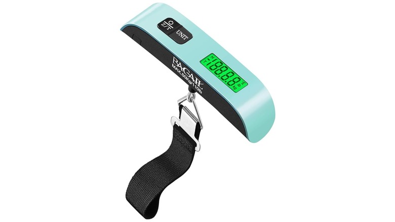 Close up view of aqua colored BAGAIL Digital Luggage Scale on white background