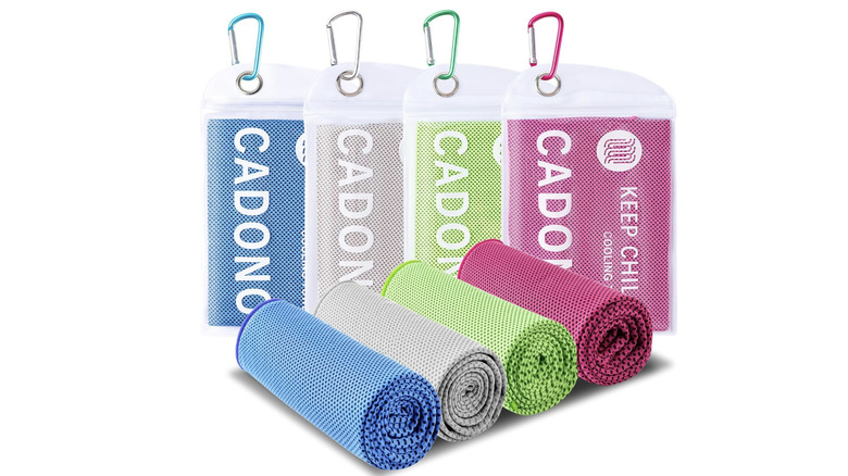 View of four-pack of blue, grey, green, and magenta CADONO Four-Pack Cooling Towels on white background