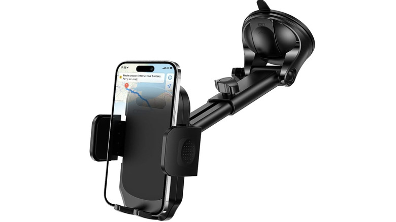 View of HZEL Car Dash Mount Phone Holder with phone on white background