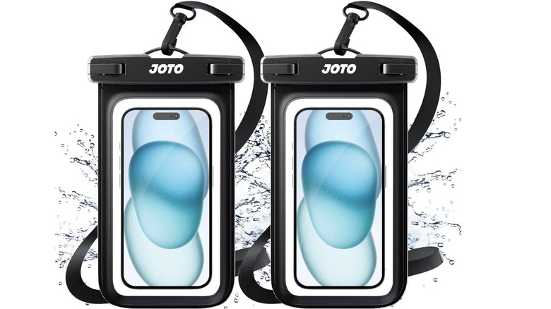 View of black JOTO Two-Pack Universal Waterproof Phone Cases with lanyards on white background