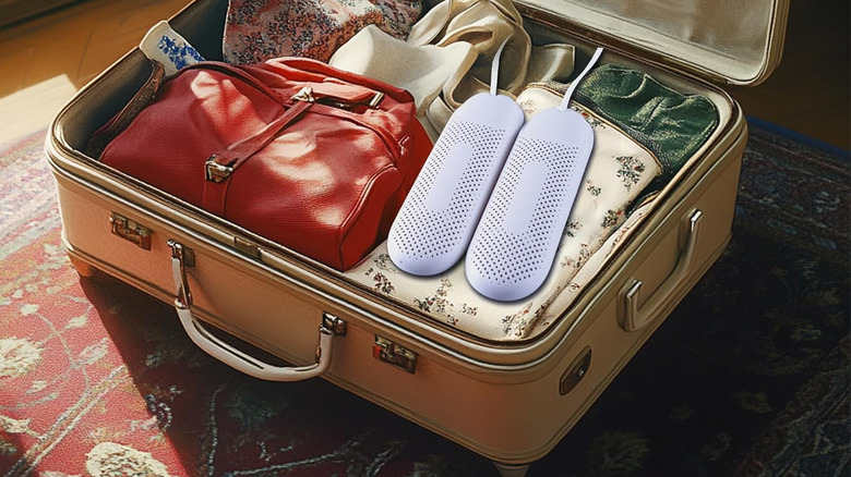 The Mingting Portable Boot Dryer packed in a suitcase.