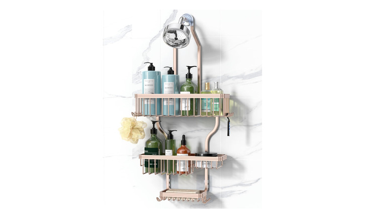 The Yasonic Never-Rust Shower Caddy filled with toiletries.