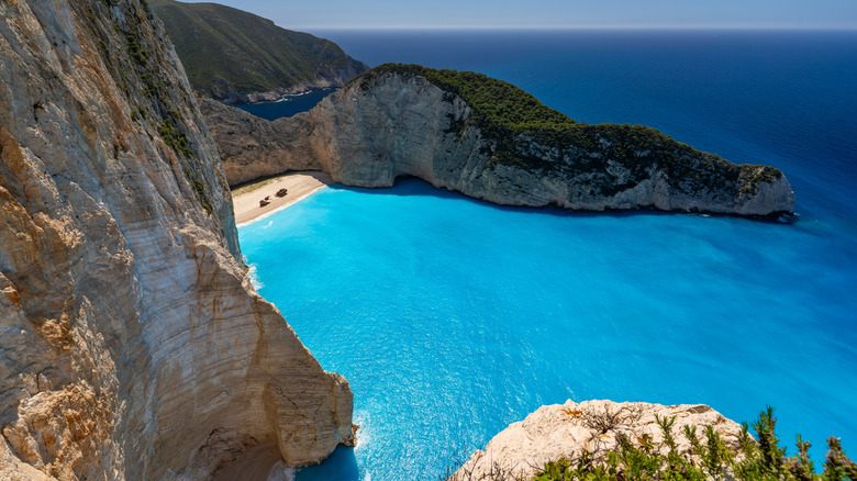 A view of the enchanting Navagio Beach and the extraordinary turquoise sea.