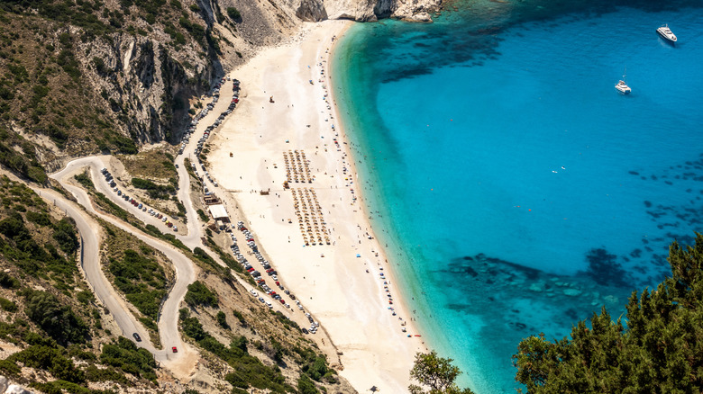 The view from above of the famous Myrtos beach on Kefalonia, Greece.