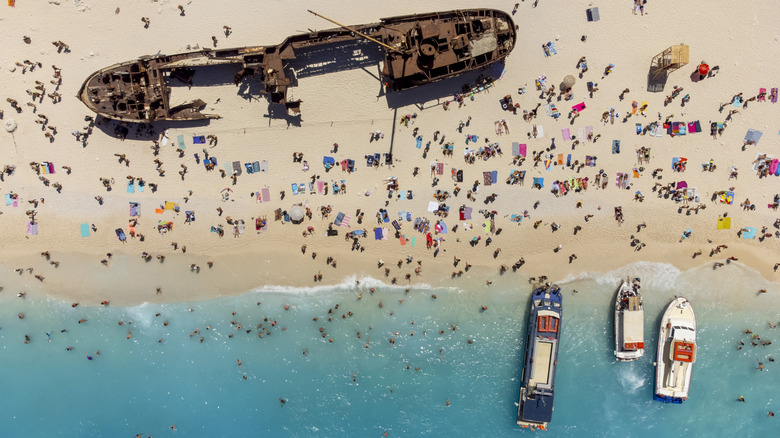 An aerial view of Navagio Beach on the island of Zakynthos.
