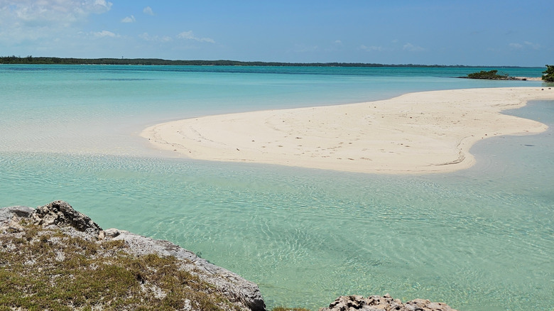 A sandbar surrounded by the ocean in the Bahamas