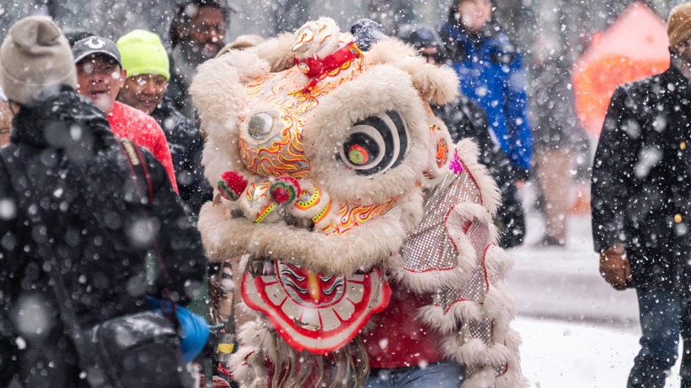 Heavy snowfall at the Argyle Lunar New Year Parade in 2023.
