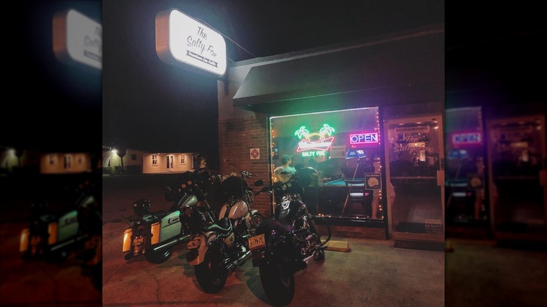 Motorbikes parked outside the Salty Fox bar