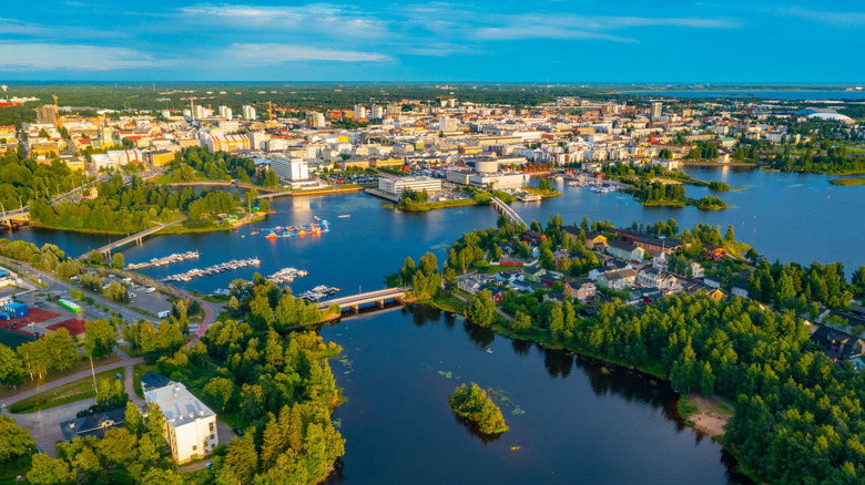 Finnish town of Oulo's waterways from above