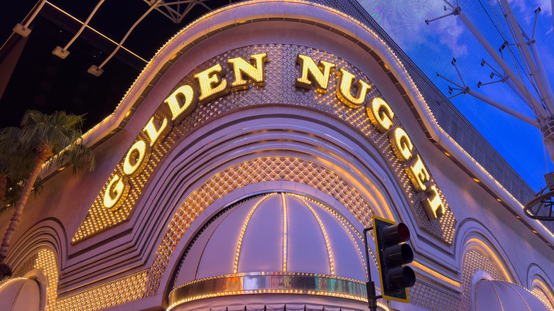 View of exterior signage at Golden Nugget Las Vegas Hotel and Casino on Fremont Street in downtown Las Vegas.