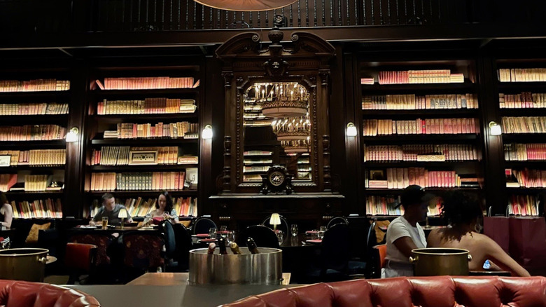 Interior view of The Library at Park MGM with dark wood, leather booths, and bookshelves on the Las Vegas Strip