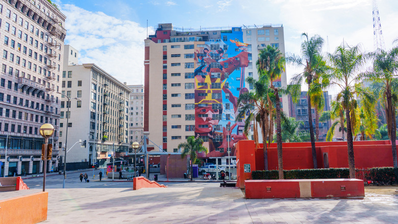 A colorful mural on the side of a building in downtown Los Angeles, California