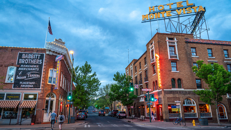 Street view of Hotel Monte Vista and Babbitt Brothers building in Flagstaff, Arizona
