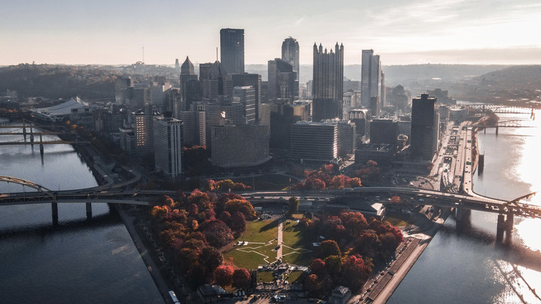An aerial view of downtown Pittsburgh