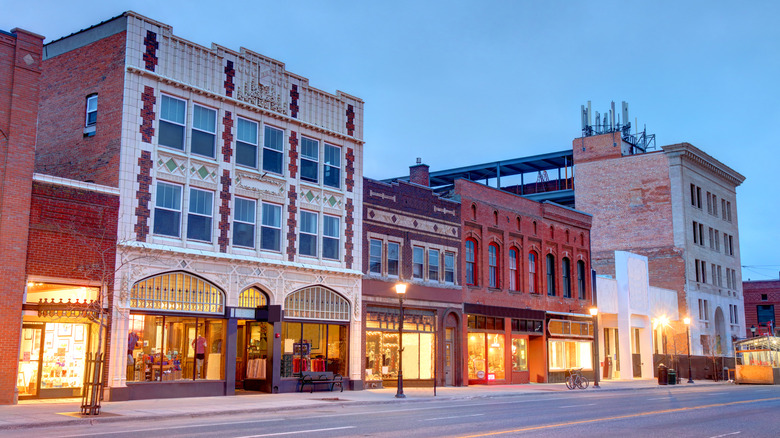 Illuminated downtown buildings in Bozeman, Montana