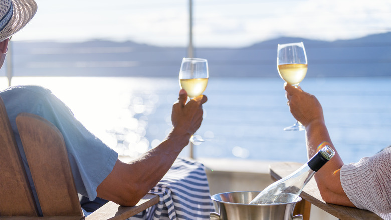 Old couple raising their wine glasses against the waterfront