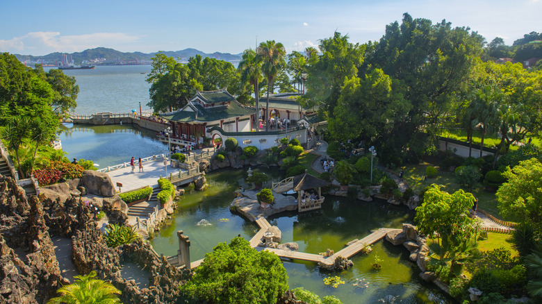 An aerial image of a garden area in Kulangsu with ponds and green trees scattered throughout