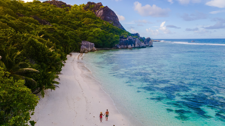 An aerial image of a couple walking hand in hand along a white-sand beach with dense jungle surrounding the coast