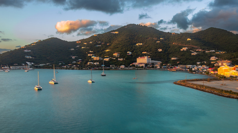 Distant view of Road Town, capital city of Tortola, Baughers Bay, and the surroundings waters of the British Virgin Islands.