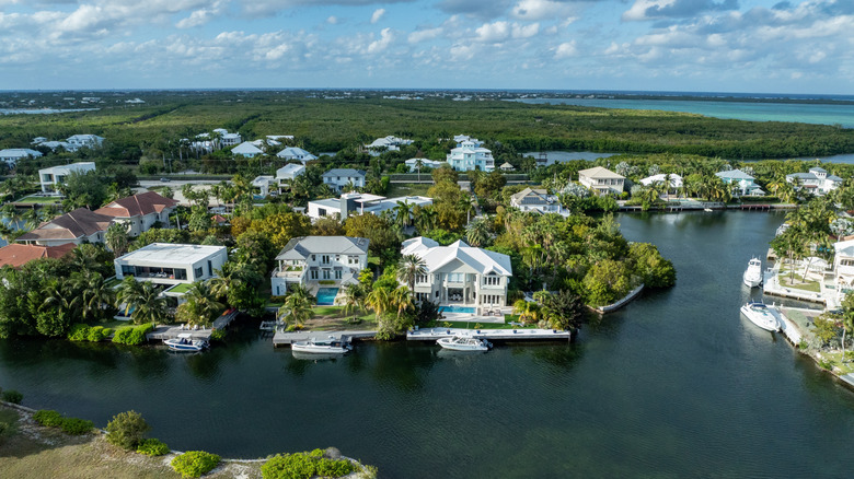 Aerial view of a marina in the Cayman Islands