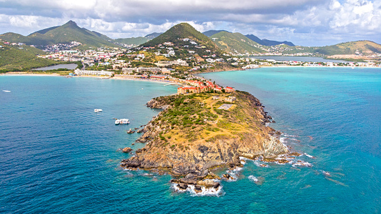Aerial view of the island of Saint Martin and surrounding waters.
