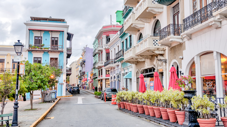 View down a street with colorful buildings