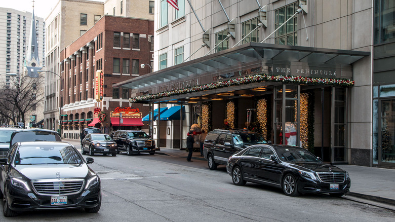 Twinkling lights around The Peninsula Chicago's entrance