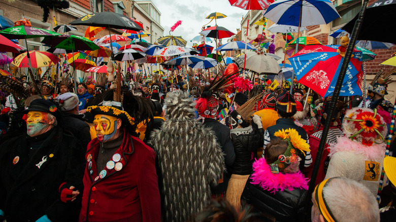 People dressed in traditional costumes and festive atmosphere during the Dunkirk Carnival in france