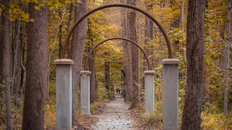 Dilapidated entry arches at abandoned Rose Island amusement park in Charlestown, Indiana