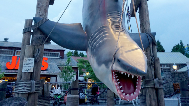 A hanging great white shark outside of Jaws: The Ride in Universal Japan, the ride's only remaining location