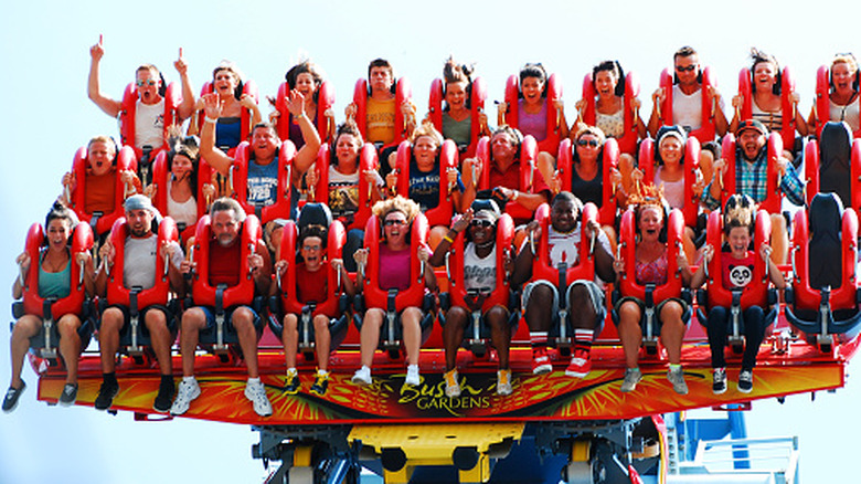 Crowd screaming on a roller coaster as the ride goes into a descent at Busch Gardens Williamsburg