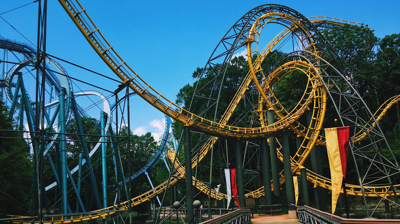 View of an empty roller coaster loop at Busch Gardens Williamsburg