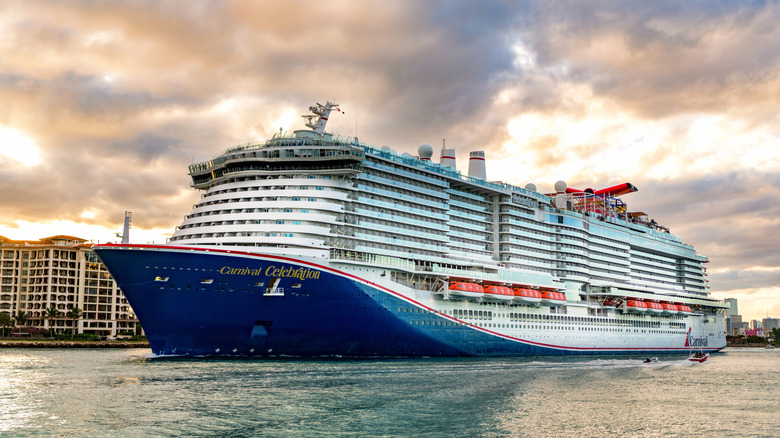 Exterior view of Carnival Celebration at a dusky golden hour in port