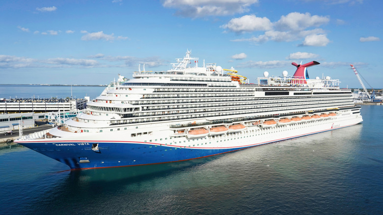 A view of the entire Carnival Vista cruise ship departing Port Canaveral in December 2025