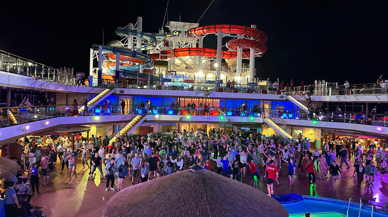 Party aboard the Carnival Panorama cruise ship, sailing away from Long Beach, California