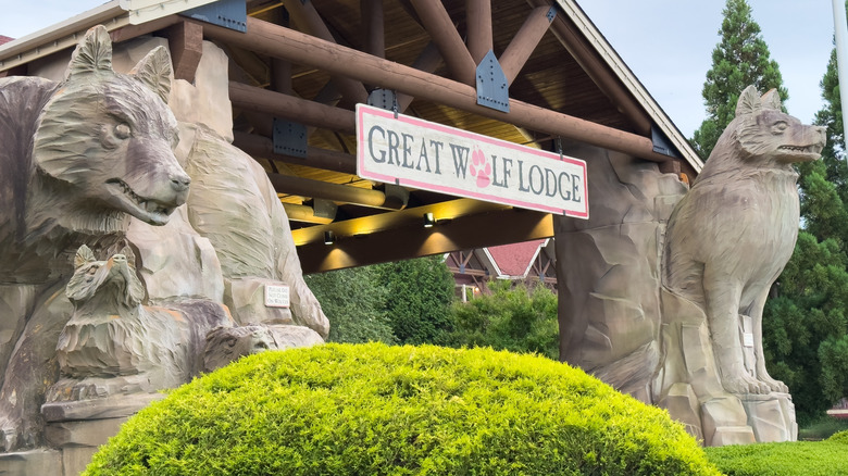 Great Wolf Lodge entrance with stone wolf sculptures and wooden canopy in North Carolina