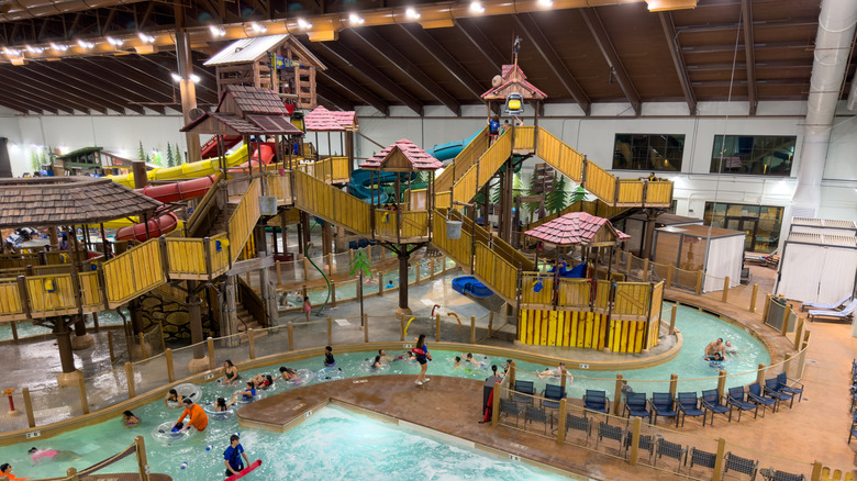 View of Great Wolf Lodge indoor waterpark and waterslides in Manteca, California.