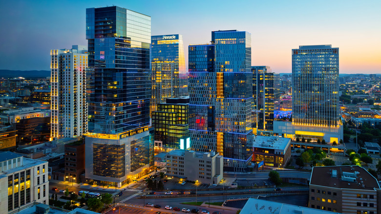 High angle view of the illuminated downtown skyline in Nashville, Tennessee at twilight