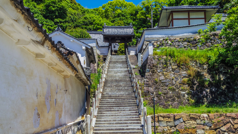 Long stone staircase at Saihoji Temple in Takehara, Hiroshima, Japan