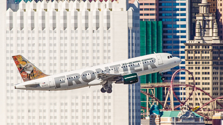 Airbus A320 Frontier Airlines takes off from McCarran International Airport in Las Vegas, NV on November 7, 2014