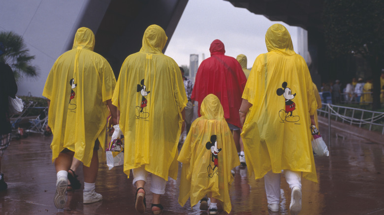 View of Disney parkgoers wearing ponchos below EPCOT at Disney World in Orlando, Florida