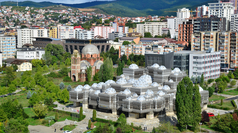 Cityscape of Pristina, the capital of Kosovo, featuring the national library