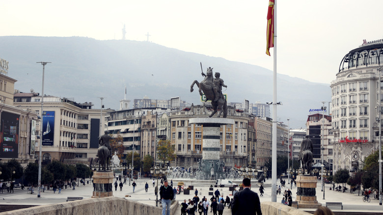 Central square in Skopje, North Macedonia featuring statue of Alexander the Great