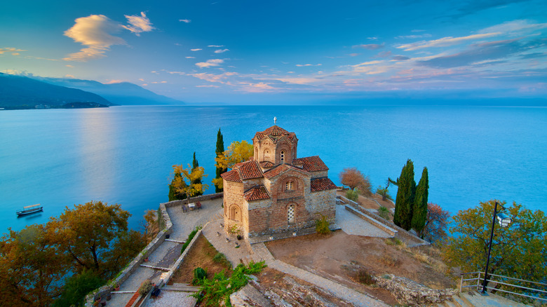 Church on edge of Lake Ohrid in North Macedonia