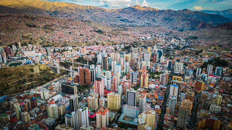 Aerial view of cityscape of La Paz, Bolivia with the Andes Mountains in the background