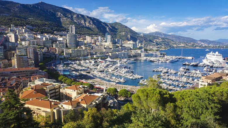 Aerial view of Hercules Port in Monaco on a clear day with yachts docked and buildings visible along the shore