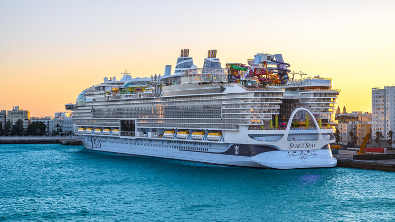 Cadiz, Spain - July 25, 2025: RCCL Cruise Ship 'Star of the Seas' in Port of Cadiz at at sunset