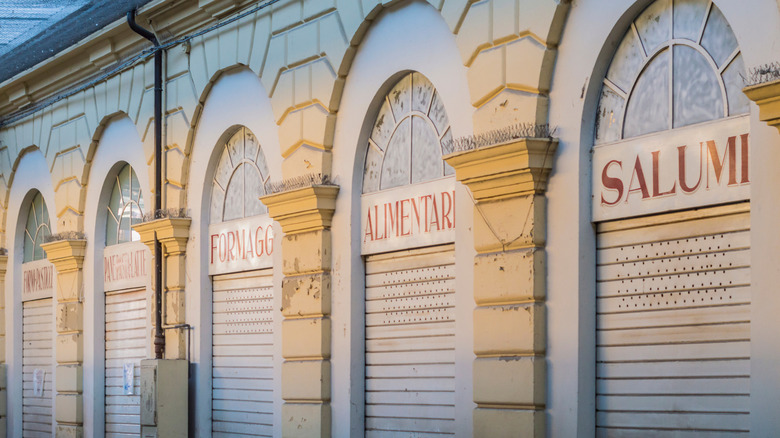 Italian food market with its shutters down