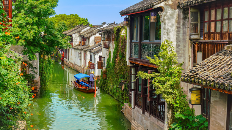 View of the famous water town called Zhouzhuang on a sunny day near Suzhou and Shanghai in China.