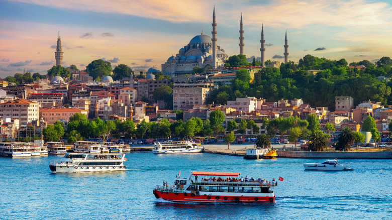 Touristic sightseeing ships in istanbul city, Turkey.